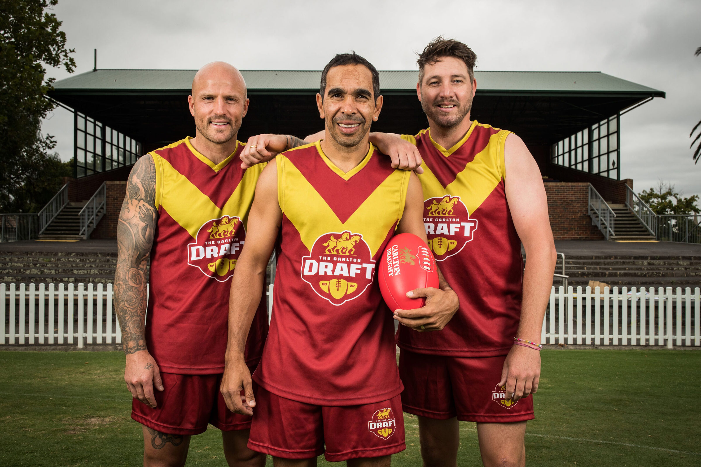 Media day photos of ex AFL players Dale Thomas, Eddie Betts and Nathan Jones for Carlton Draft