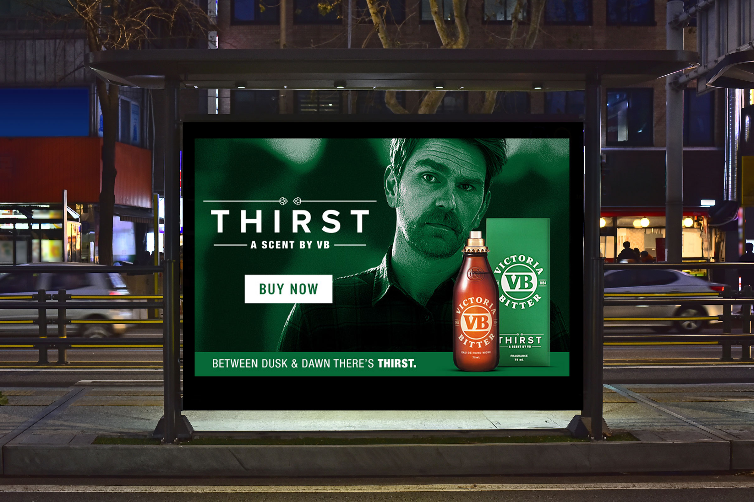 Wildcard designed Ad OOH on bus shell with Thirst VB for men cologne